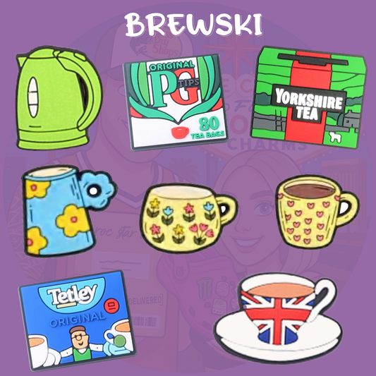 British tea-themed Croc shoe charms featuring iconic tea cups and popular British tea bag brands. Perfect for tea lovers and fans of classic British culture, these charms add a charming and cozy touch to your Crocs or other footwear