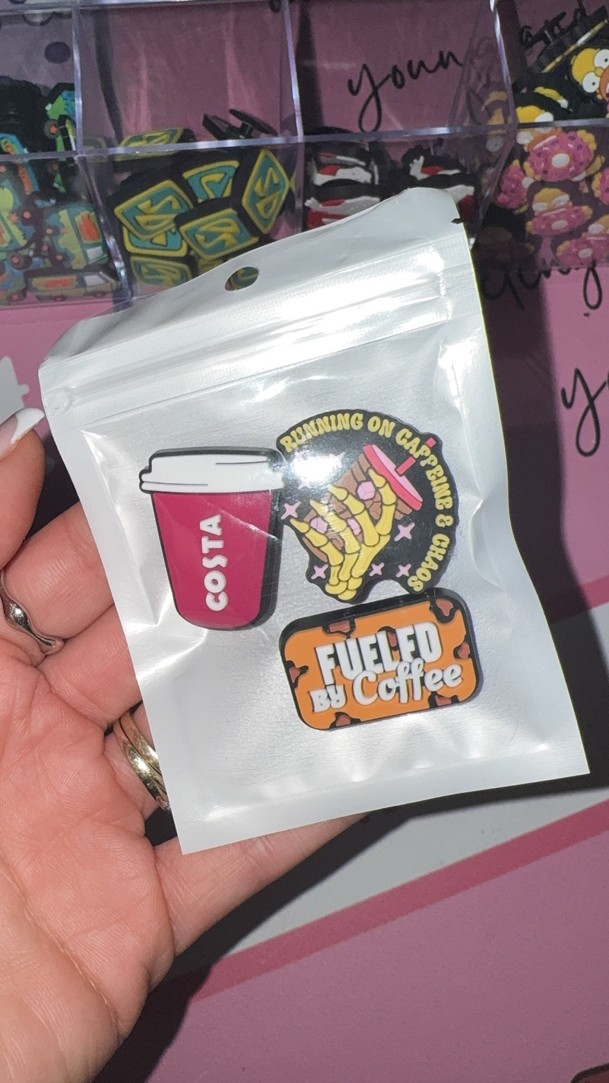 Coffee croc charms set with caffeine and chaos slogan and Costa style cup design