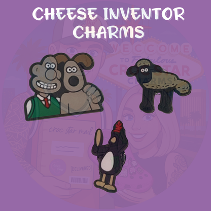 British cartoon-inspired Croc charms set with cheese and dog designs”

“Inventor and pet-themed Croc charms on grey and yellow Crocs shoes”

“Clay animation-style Croc charms flat lay – cheese, teapot, and gadget icons”

“Funny British-inspired Croc charms set for nostalgic fans”

“Cheese and clever dog Croc charms gift set – inspired by classic animation”