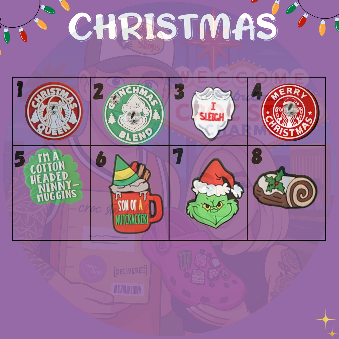 Christmas-themed Croc charms featuring holiday quotes, hot cocoa mugs, the Grinch in a Santa hat, festive logos, a yule log dessert, and playful sayings like 'Son of a Nutcracker' and 'I'm a Cotton Headed Ninny Muggins