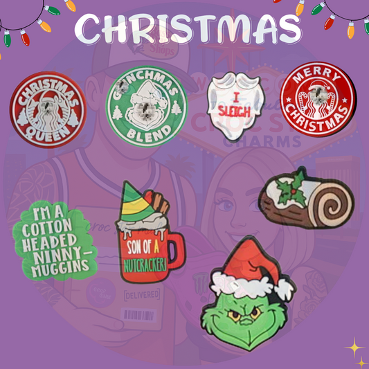 "Christmas-themed Croc charms featuring holiday quotes, hot cocoa mugs, the Grinch in a Santa hat, festive logos, a yule log dessert, and playful sayings like 'Son of a Nutcracker' and 'I'm a Cotton Headed Ninny Muggins