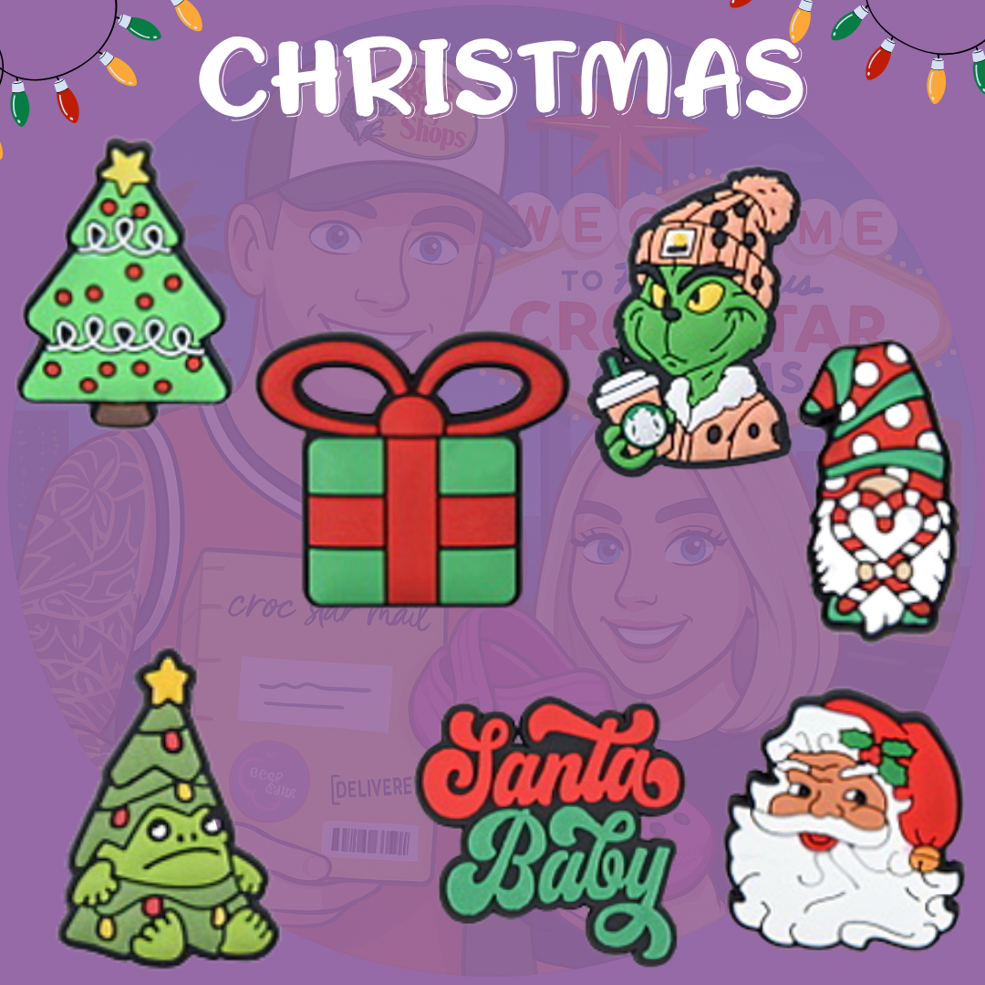 Festive Christmas Croc charms set – holiday-themed shoe accessories featuring Santa, snowflakes, reindeer, and Christmas trees – perfect stocking stuffer or gift idea"