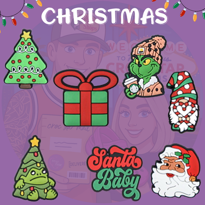 Festive Christmas Croc charms set – holiday-themed shoe accessories featuring Santa, snowflakes, reindeer, and Christmas trees – perfect stocking stuffer or gift idea"
