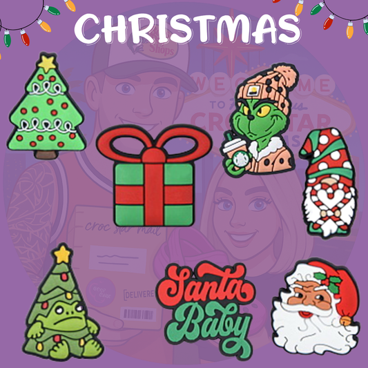 Festive Christmas Croc charms set – holiday-themed shoe accessories featuring Santa, snowflakes, reindeer, and Christmas trees – perfect stocking stuffer or gift idea"