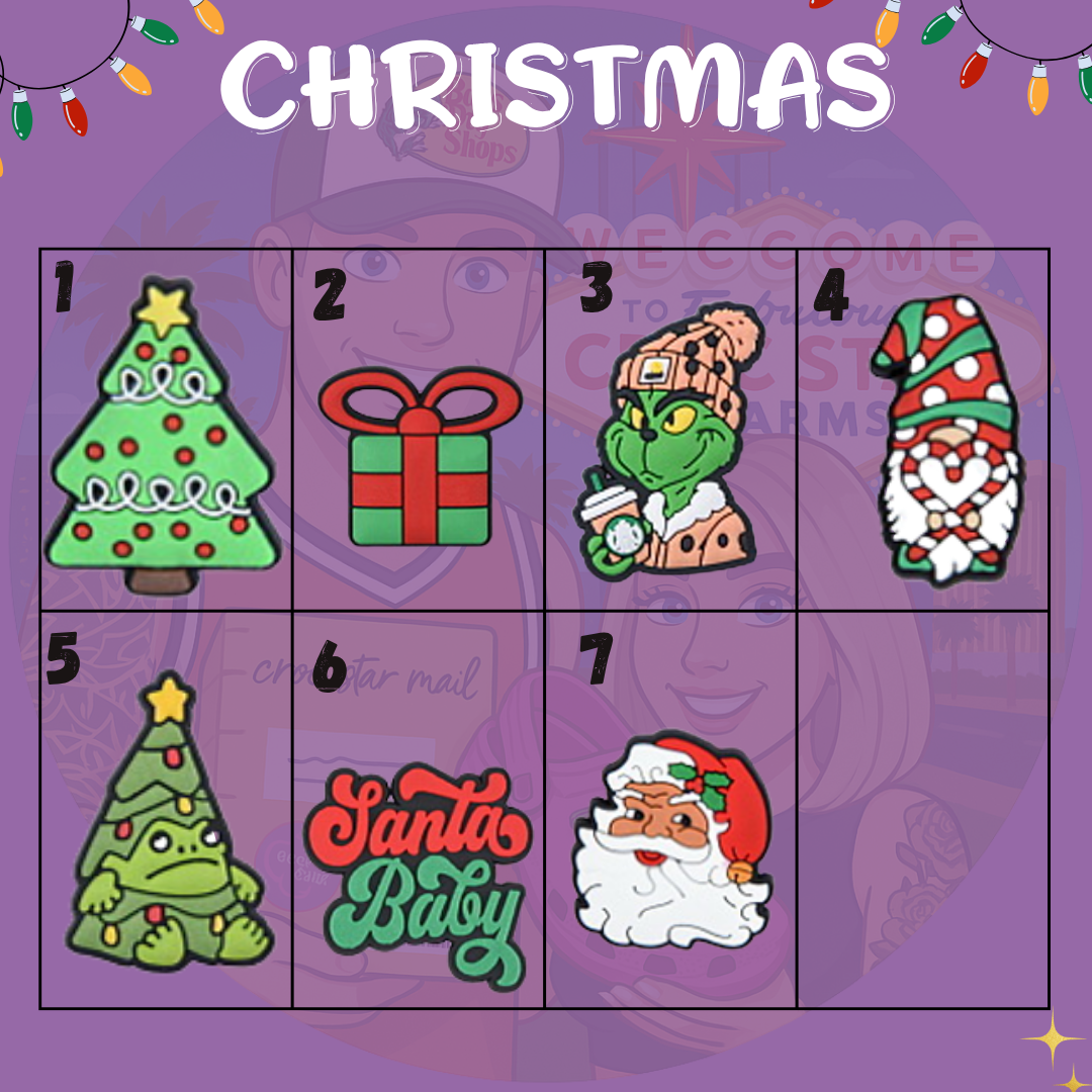 Festive Christmas Croc charms set – holiday-themed shoe accessories featuring Santa, snowflakes, reindeer, and Christmas trees – perfect stocking stuffer or gift idea"