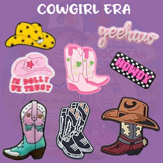 Cowgirl-themed Croc charms set including cowboy hats, Western boots, and text charms with phrases like 'Yeehaw,' 'Howdy,' and 'In Dolly We Trust'