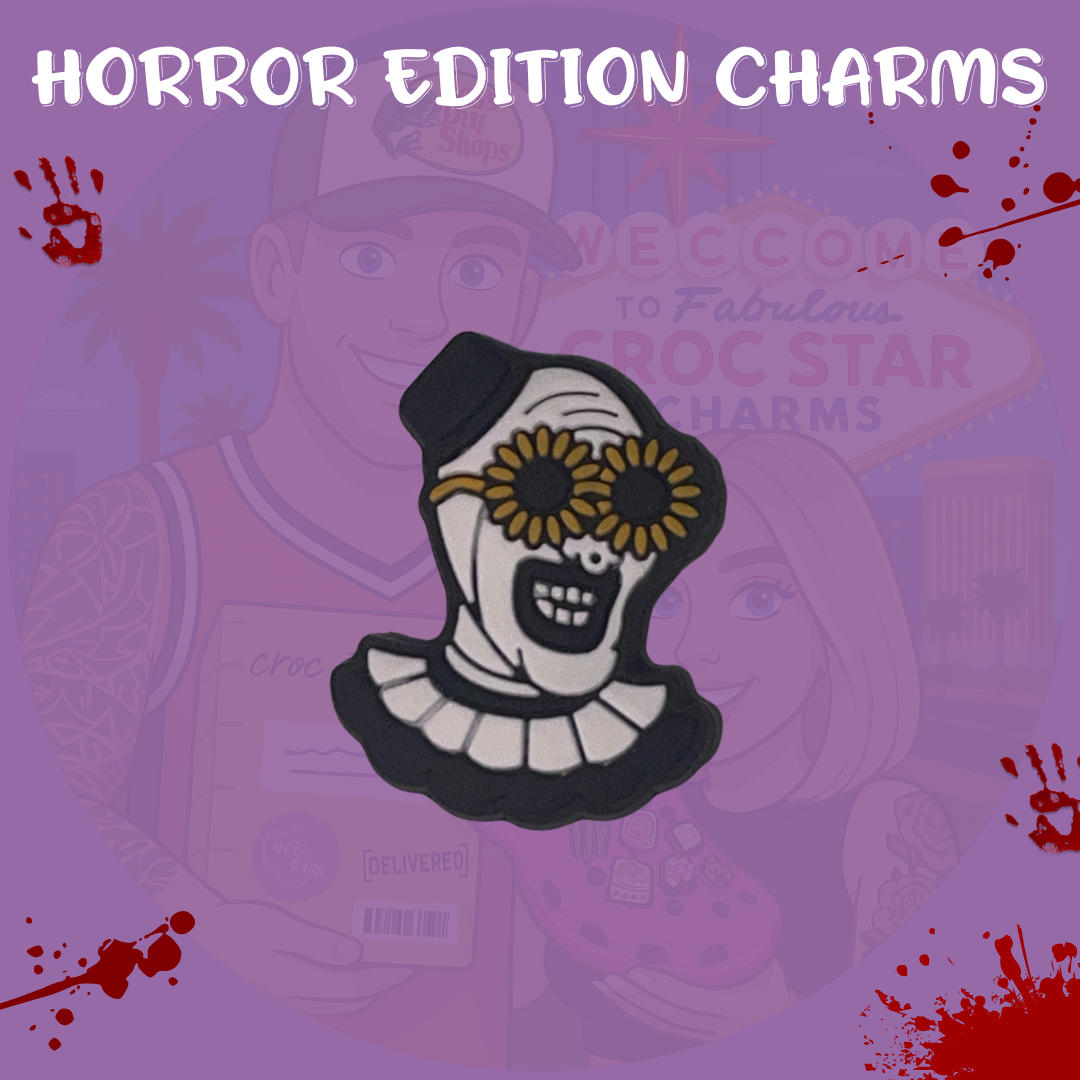 Creepy clown horror Croc charms set with knife and balloon designs”

“Scary clown-themed Croc charms on black and white Crocs shoes”

“Horror movie–inspired Croc charms flat lay – clown face and bloody knife”

“Killer clown Croc charms with red and black color theme”

“Horror Croc charms gift set – perfect for Halloween and slasher fan