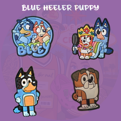 Cute blue puppy cartoon Croc charms set for kids”

“Family-inspired dog Croc charms on blue and yellow Crocs shoes”

“Playful puppy Croc charms flat lay – toys, bones, and rainbow designs”

“Colorful cartoon dog Croc charms set for children”

“Adorable blue dog-inspired Croc charms gift set for families”