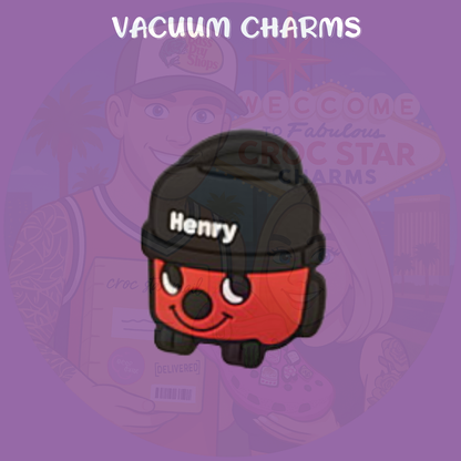 Cute red vacuum-inspired Croc charms set with smiling designs”

“Cleaning-themed Croc charms on black and red Crocs shoes”

“Vacuum and smiley Croc charms flat lay – fun home-themed designs”

“Red vacuum Croc charms gift set – inspired by classic British designs”

“Cute hoover-style Croc charms for cleaners and retro fans”