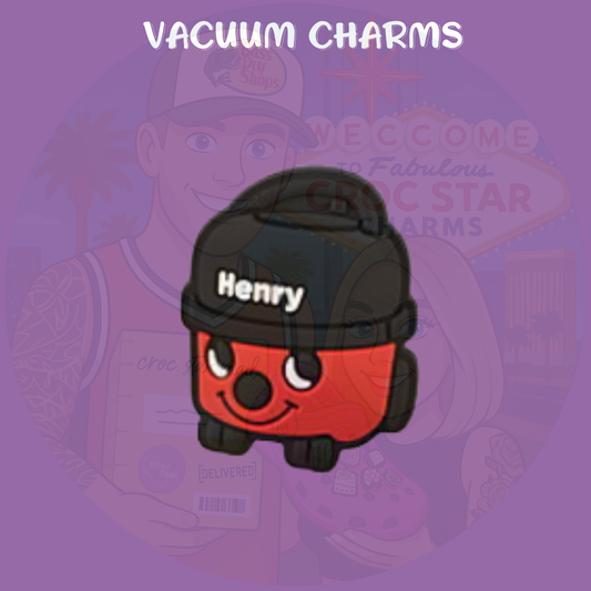 Cute red vacuum-inspired Croc charms set with smiling designs”

“Cleaning-themed Croc charms on black and red Crocs shoes”

“Vacuum and smiley Croc charms flat lay – fun home-themed designs”

“Red vacuum Croc charms gift set – inspired by classic British designs”

“Cute hoover-style Croc charms for cleaners and retro fans”