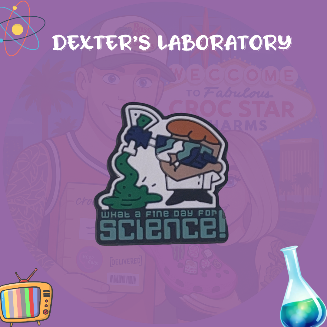 Cartoon science lab Croc charms set with beakers and goggles designs”

“Retro scientist-themed Croc charms on blue and orange Crocs shoes”

“90s cartoon-inspired Croc charms flat lay – beaker, robot, and test tube designs”

“Science and experiment Croc charms set for cartoon fans”

“Colorful science Croc charms gift set – nostalgic 90s cartoon style”