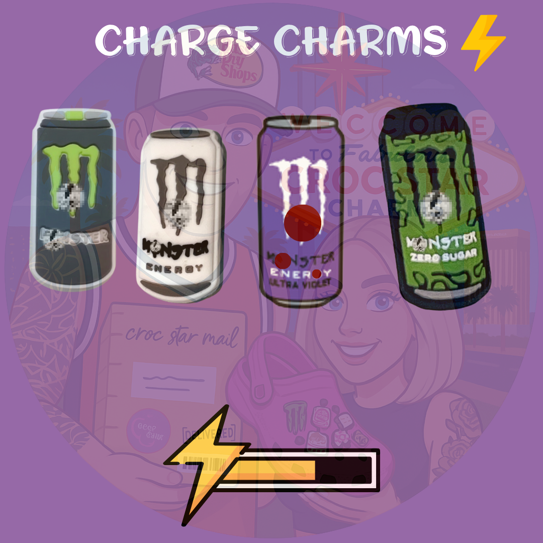 Energy drink–inspired Croc charms with bold can and lightning designs”

“Caffeine-themed Croc charms on black and neon Crocs shoes”

“Gamer-style energy drink Croc charms flat lay – cans and energy bolts”

“Cool edgy Croc charms inspired by energy drinks”

“Energy drink Croc charms gift set – perfect for gamers and caffeine fans”