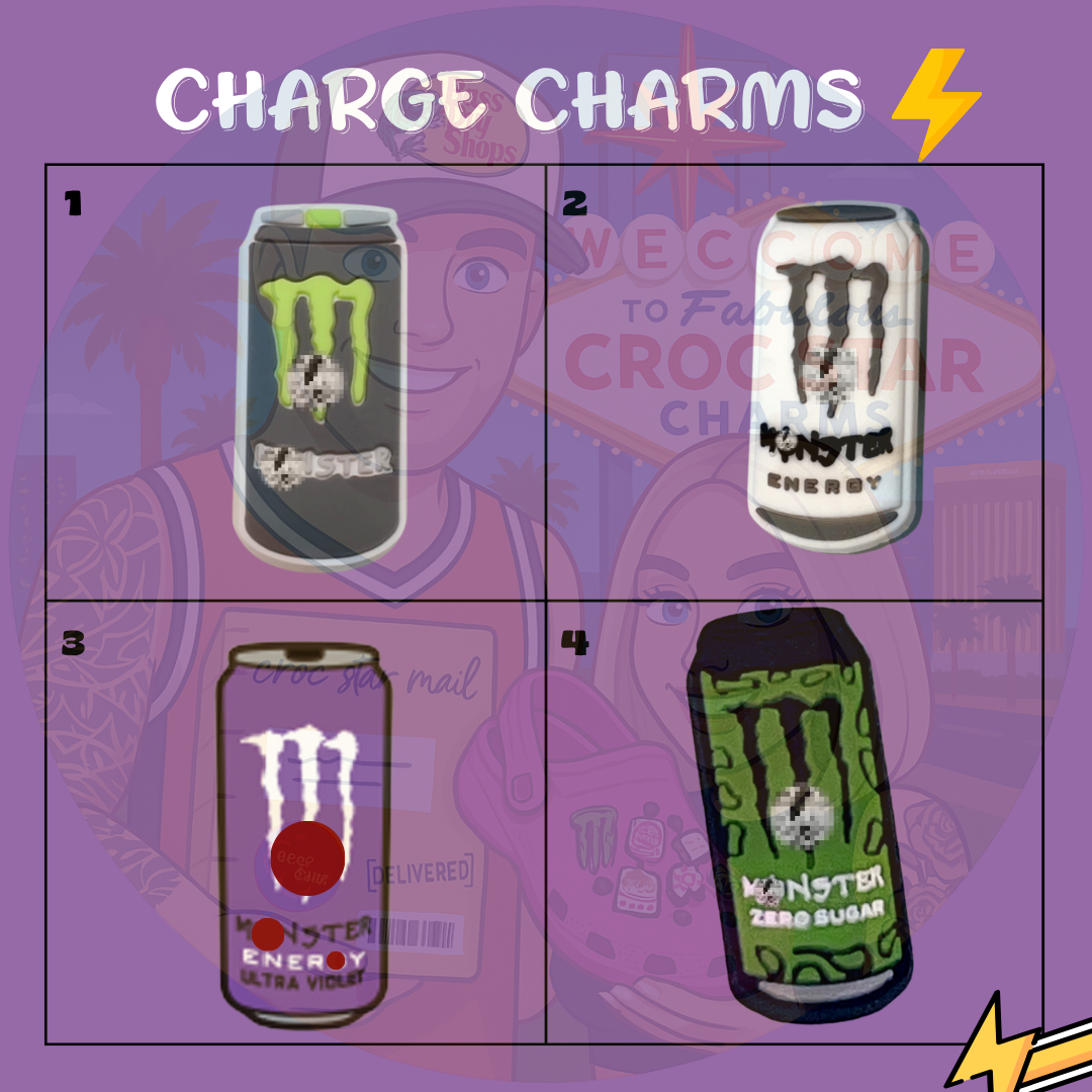 Energy drink–inspired Croc charms with bold can and lightning designs”

“Caffeine-themed Croc charms on black and neon Crocs shoes”

“Gamer-style energy drink Croc charms flat lay – cans and energy bolts”

“Cool edgy Croc charms inspired by energy drinks”

“Energy drink Croc charms gift set – perfect for gamers and caffeine fans”