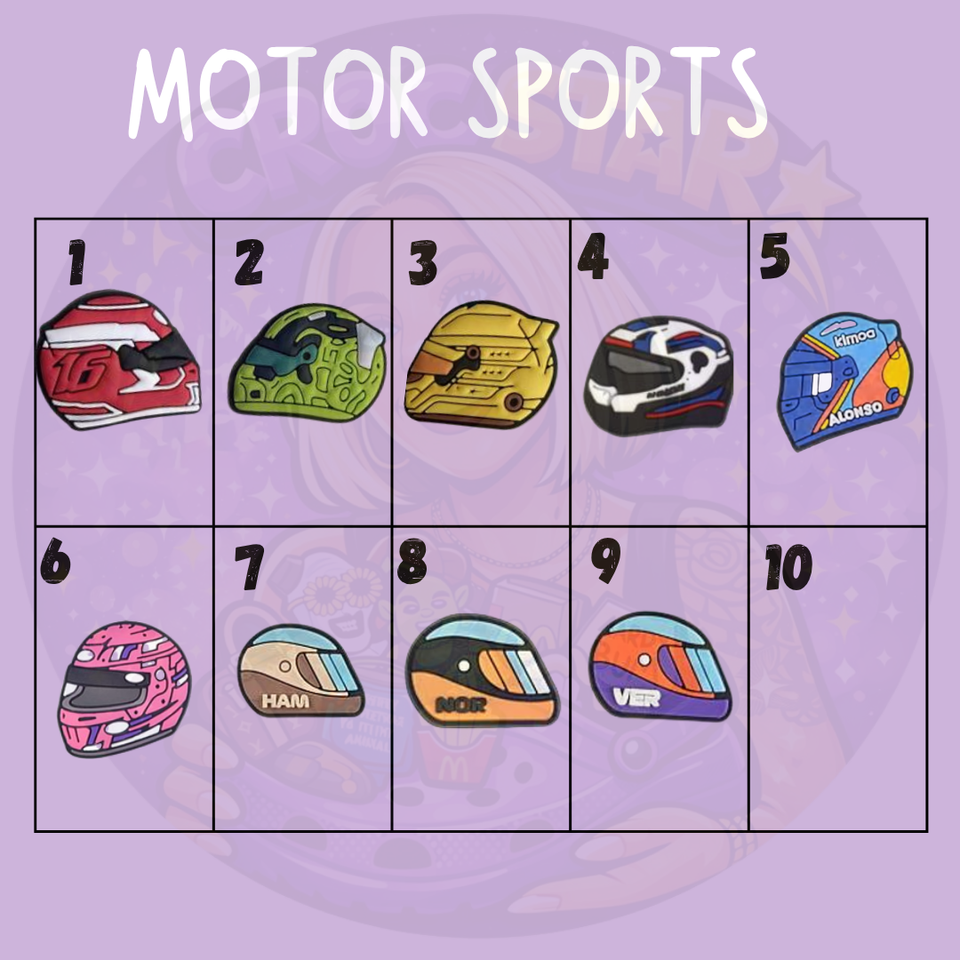 Collection of colourful racing helmet croc charms inspired by motorsport and Formula style designs on a purple background