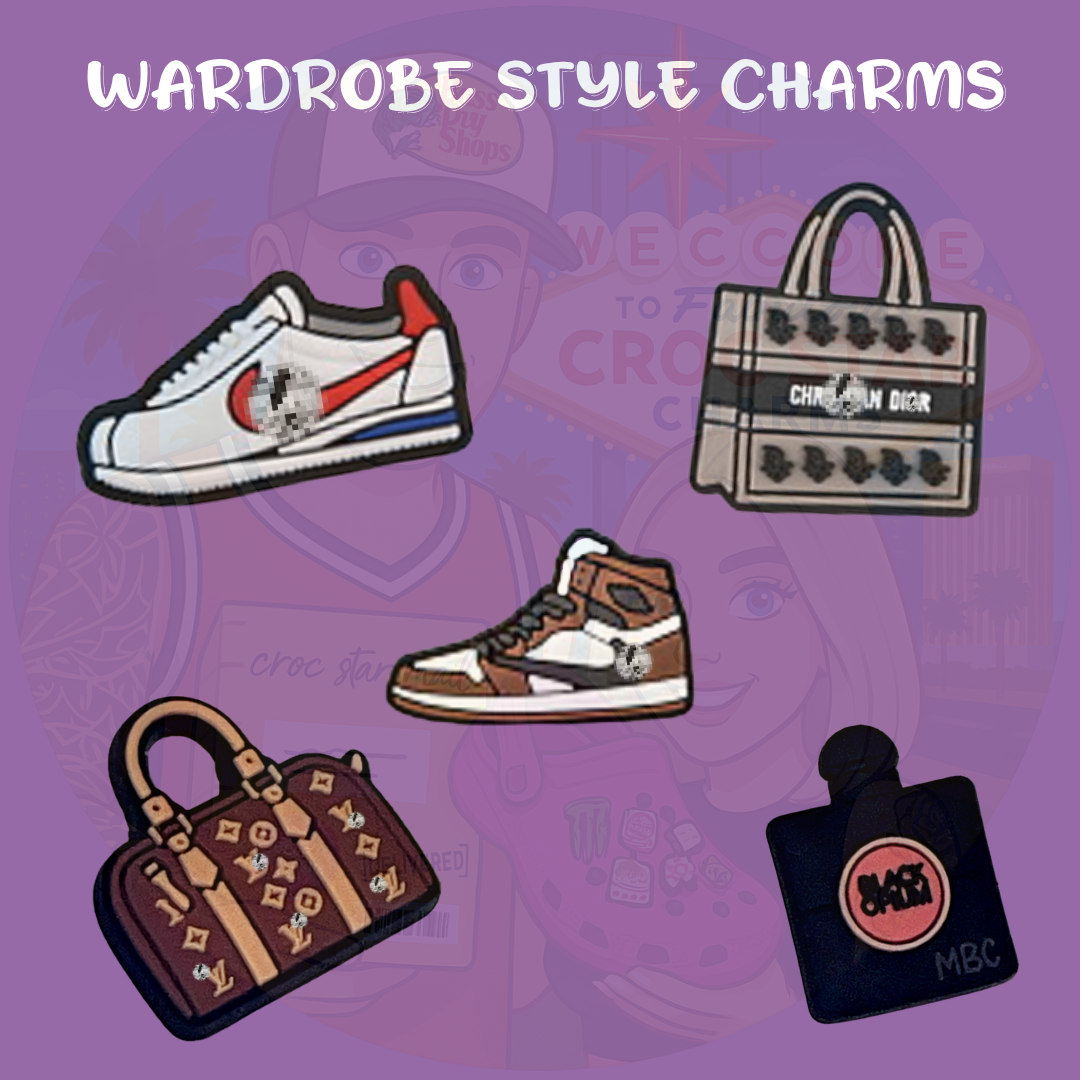 Fashion-themed Croc charms set with handbag, perfume, and sneaker designs”

“Designer-inspired Croc charms on pink and white Crocs shoes”

“Luxury fashion Croc charms flat lay – purse, lipstick, and sunglasses designs”

“Chic Croc charms inspired by handbags and perfume bottles”

“Fashion icon Croc charms gift set – trendy Croc accessories for fashion lovers”
