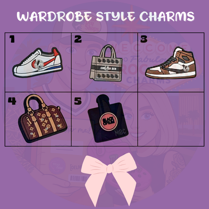 Fashion-themed Croc charms set with handbag, perfume, and sneaker designs”

“Designer-inspired Croc charms on pink and white Crocs shoes”

“Luxury fashion Croc charms flat lay – purse, lipstick, and sunglasses designs”

“Chic Croc charms inspired by handbags and perfume bottles”

“Fashion icon Croc charms gift set – trendy Croc accessories for fashion lovers”