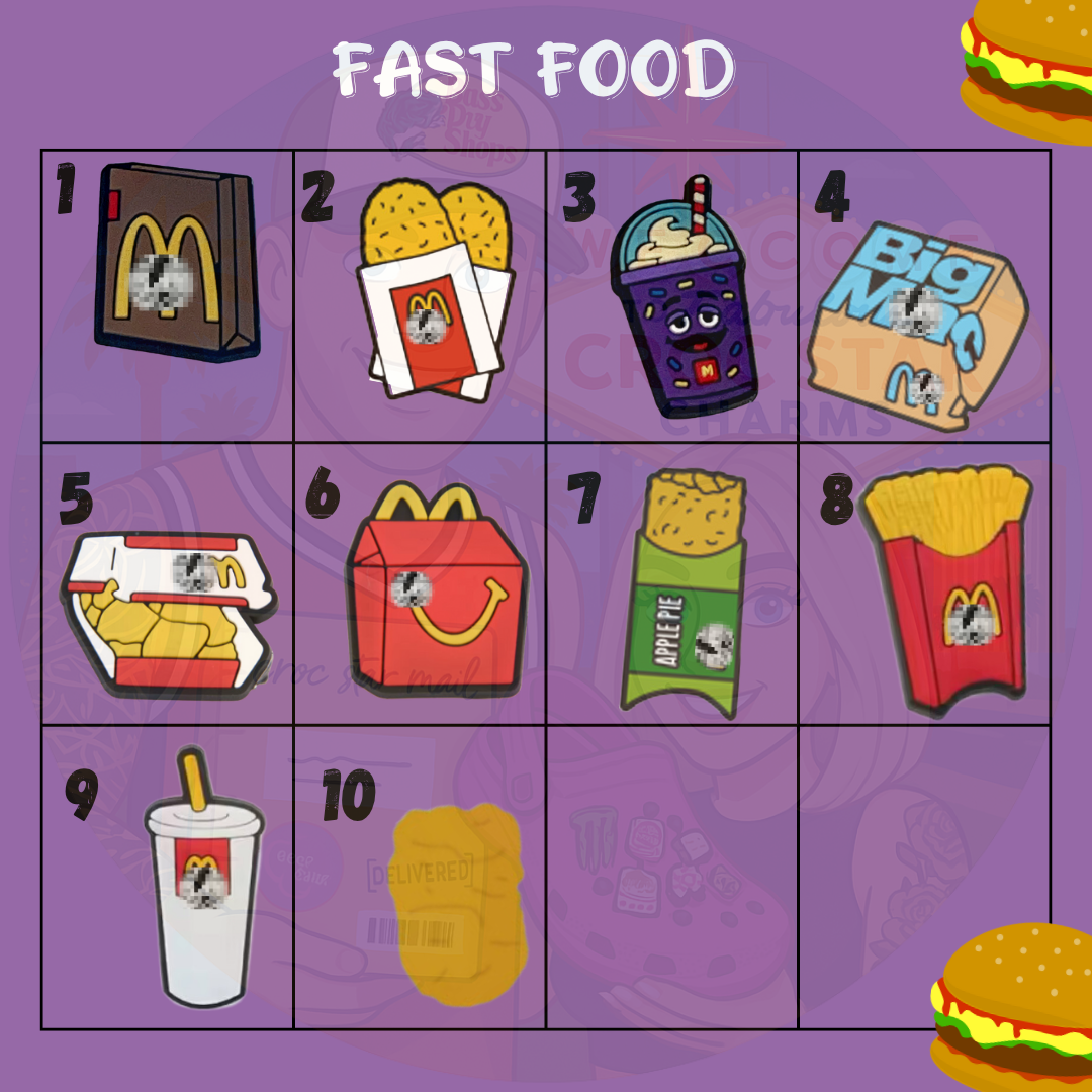 “Fast food-themed Croc charms set with burger, fries, and drink designs”
“Foodie Croc charms on red and yellow Crocs shoes”
“Burger and fries Croc charms close-up – snack shoe accessories”
“Fast food Croc charms flat lay – fries, soda cup, and burger designs”
“Cute fast food Croc charms gift set for Croc lovers and food fans”