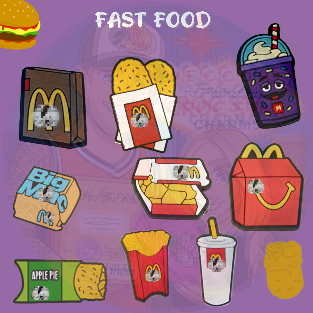 “Fast food-themed Croc charms set with burger, fries, and drink designs”
“Foodie Croc charms on red and yellow Crocs shoes”
“Burger and fries Croc charms close-up – snack shoe accessories”
“Fast food Croc charms flat lay – fries, soda cup, and burger designs”
“Cute fast food Croc charms gift set for Croc lovers and food fans”