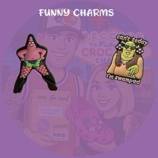 A playful assortment of Croc charms featuring humorous designs, including silly faces, quirky expressions, pun-based icons, and cartoon-style objects. Made of colorful, flexible rubber, these charms add a fun and lighthearted touch to any pair of Crocs.
