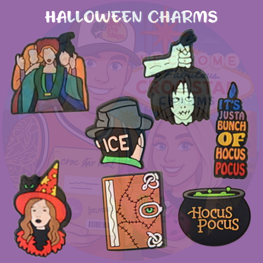 Halloween-themed Croc shoe charms featuring spooky designs including witches, severed heads, a cauldron with 'Hocus Pocus' text, a stitched book, and a 'Just a Bunch of Hocus Pocus' quote charm. Perfect for Halloween costumes and festive footwear accessories