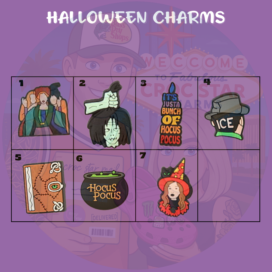 Halloween-themed Croc shoe charms featuring spooky designs including witches, severed heads, a cauldron with 'Hocus Pocus' text, a stitched book, and a 'Just a Bunch of Hocus Pocus' quote charm. Perfect for Halloween costumes and festive footwear accessories