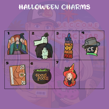 Halloween-themed Croc shoe charms featuring spooky designs including witches, severed heads, a cauldron with 'Hocus Pocus' text, a stitched book, and a 'Just a Bunch of Hocus Pocus' quote charm. Perfect for Halloween costumes and festive footwear accessories