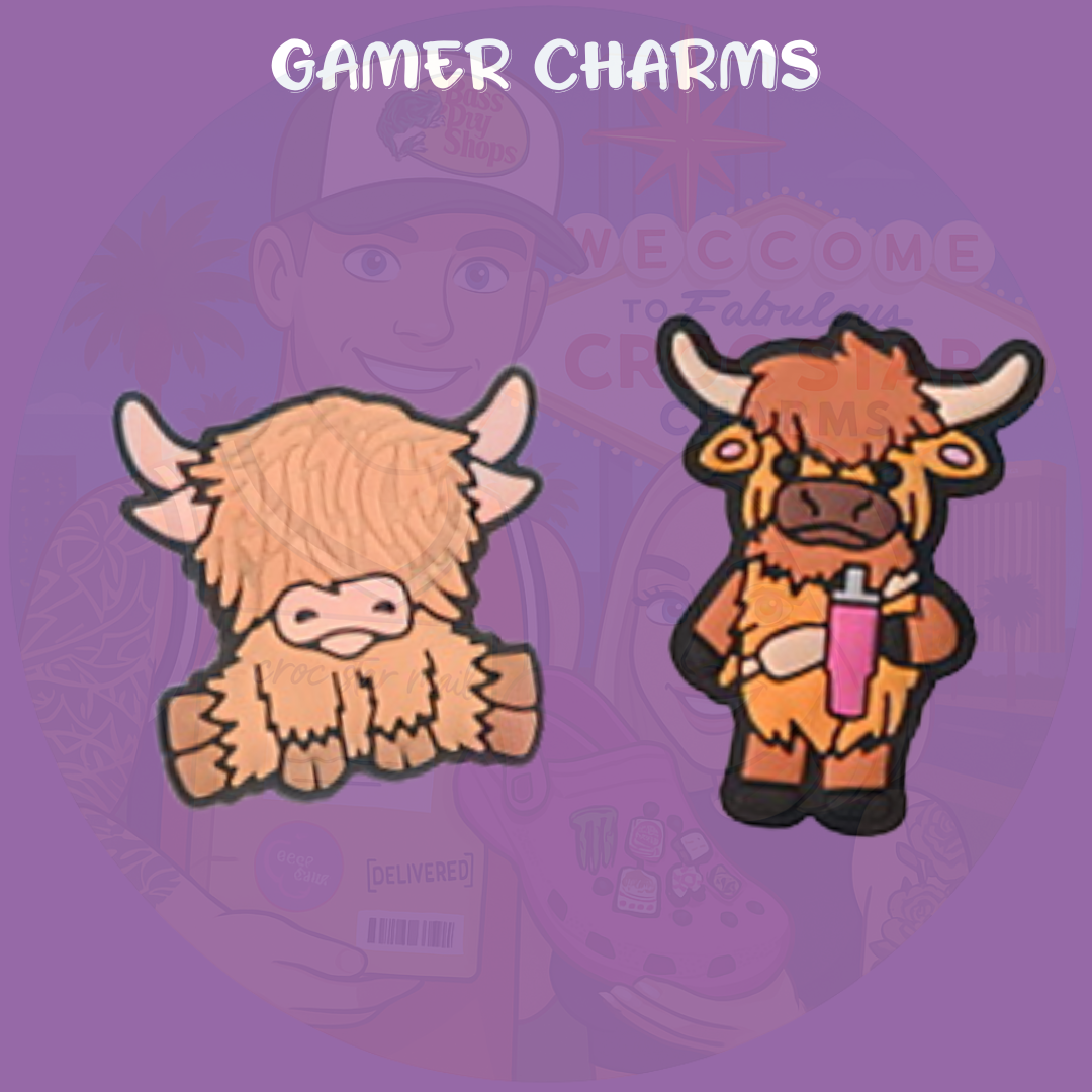 highland cow croc charms, cow shoe charms, farm animal croc charms, cute cow charms, highland cow accessories, rustic croc charms, farm life gifts, kawaii cow shoe charms, croc charm set, cute clog decorations