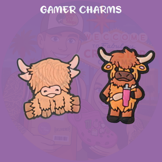 highland cow croc charms, cow shoe charms, farm animal croc charms, cute cow charms, highland cow accessories, rustic croc charms, farm life gifts, kawaii cow shoe charms, croc charm set, cute clog decorations