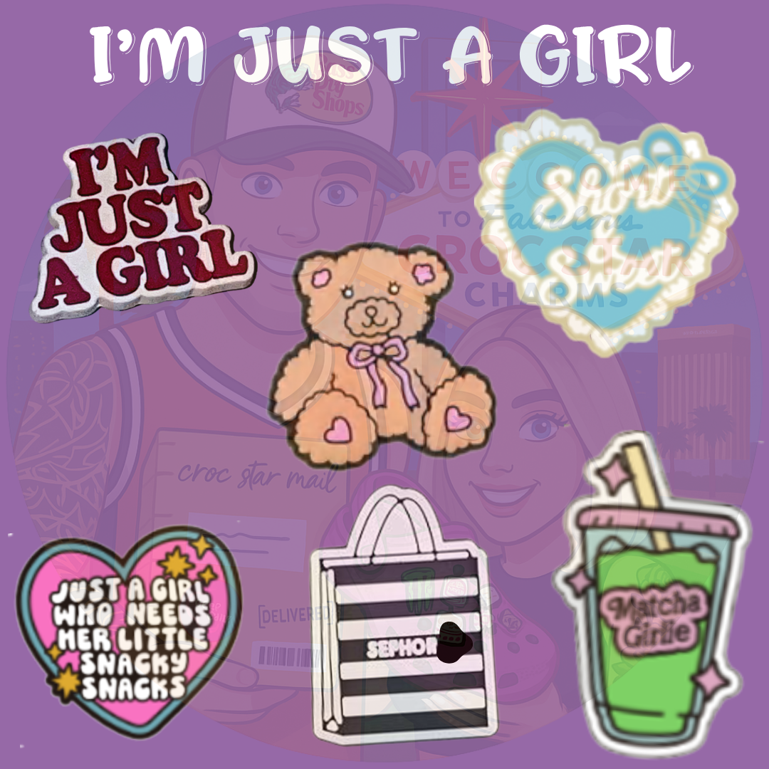 “Pink and girly Croc charms set with hearts, butterflies, and sparkle designs”

“Y2K-inspired Croc charms on pink and white Crocs shoes”

“Cute feminine Croc charms flat lay – lip gloss, flower, and heart designs”

“I’m just a girl–themed Croc charms set in pink aesthetic tones”

“Girly Croc charms gift set – perfect for Y2K and aesthetic fashion lovers”