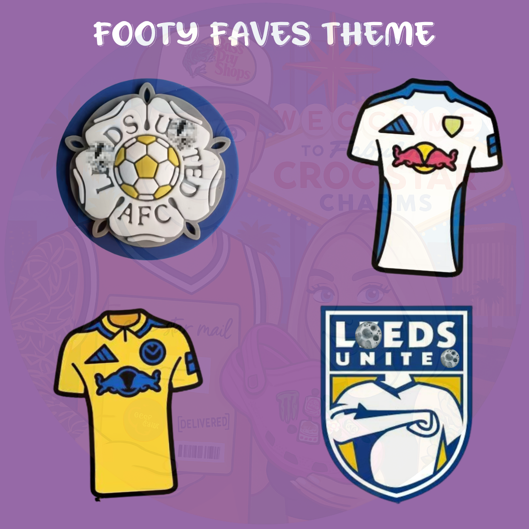 Leeds United football-themed Croc shoe charms featuring the club’s crest, iconic symbols, and football-related designs. Perfect for Leeds United fans to show team spirit and personalize their Crocs or other footwear