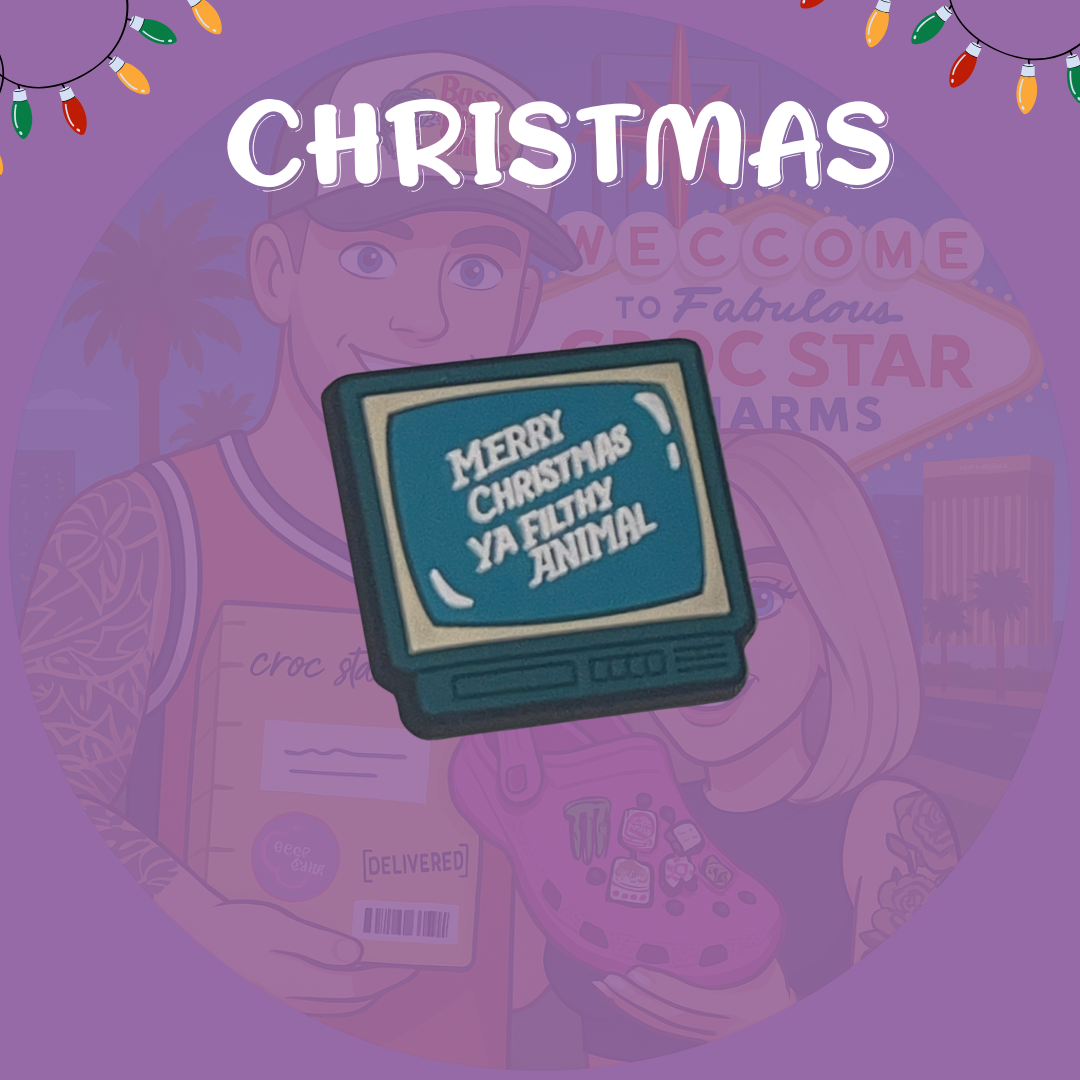 Holiday movie–inspired Croc charms set with Christmas quote designs”

“Funny Christmas Croc charms with ‘ya filthy animal’ saying”

“Retro holiday Croc charms on red and green Crocs shoes”

“Festive Croc charms flat lay – quote, Christmas sweater, and holiday lights”

“Christmas movie–themed Croc charms gift set – funny stocking stuffer idea”