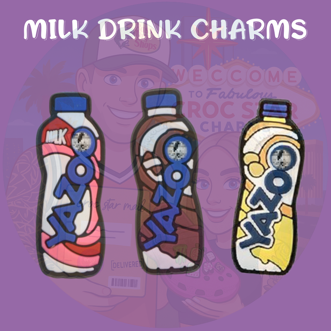 Milk drink bottle Croc charms inspired by Yazoo in strawberry, chocolate, and banana flavors
