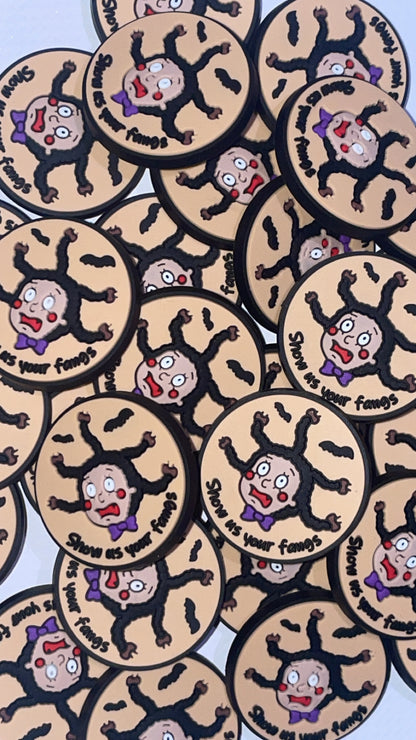 Cute vampire and bat Croc charms set in spooky cartoon style”

“Cartoon-inspired vampire Croc charms on black and purple Crocs shoes”

“Spooky Croc charms flat lay – vampire face, black cat, and star designs”

“Halloween vampire Croc charms set for nostalgic cartoon lovers”

“Cute spooky Croc charms gift set – bats, fangs, and gothic motifs”