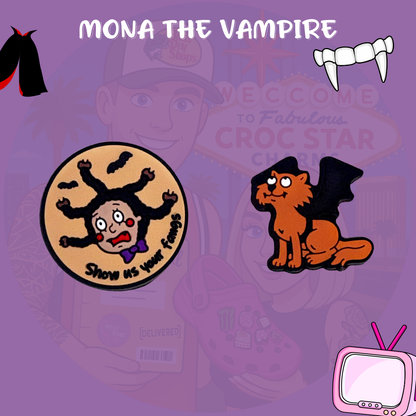 Cute vampire and bat Croc charms set in spooky cartoon style”

“Cartoon-inspired vampire Croc charms on black and purple Crocs shoes”

“Spooky Croc charms flat lay – vampire face, black cat, and star designs”

“Halloween vampire Croc charms set for nostalgic cartoon lovers”

“Cute spooky Croc charms gift set – bats, fangs, and gothic motifs”