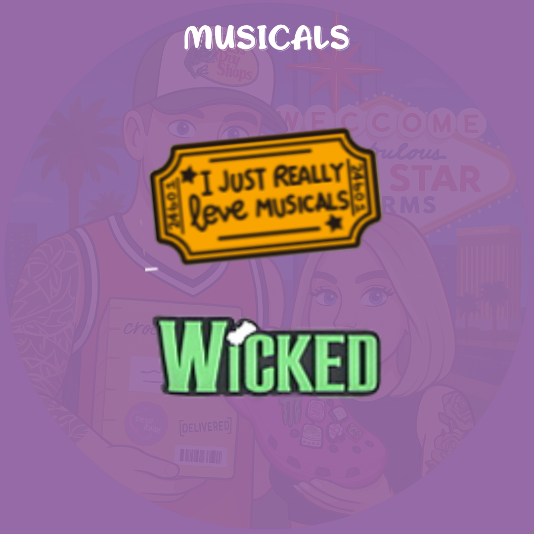 Musical theatre-themed Croc charms set with masks, notes, and microphone designs”

“Broadway-inspired Croc charms on black and gold Crocs shoes”

“Theatre and music Croc charms flat lay – spotlight, ticket, and mask designs”

“Drama and performance Croc charms gift set for theatre lovers”

“Stage-themed Croc charms with glitter and gold accents”