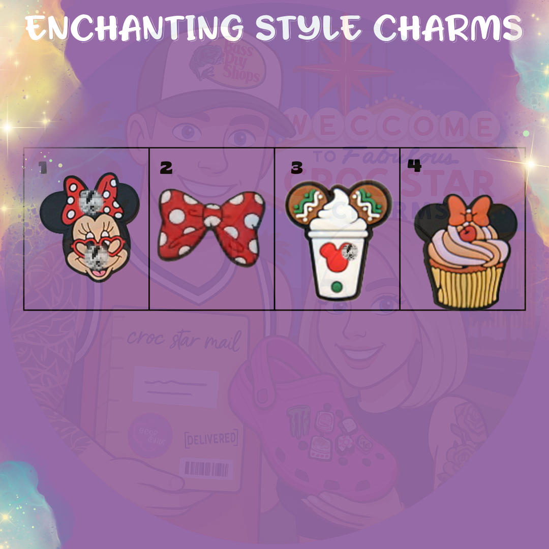 A collection of Croc charms featuring a stylish cartoon mouse character with large round ears, a red polka dot bow, and a classic red dress. The charms are made from soft, colorful rubber and designed to fit snugly into Crocs shoe holes for a playful, themed look.