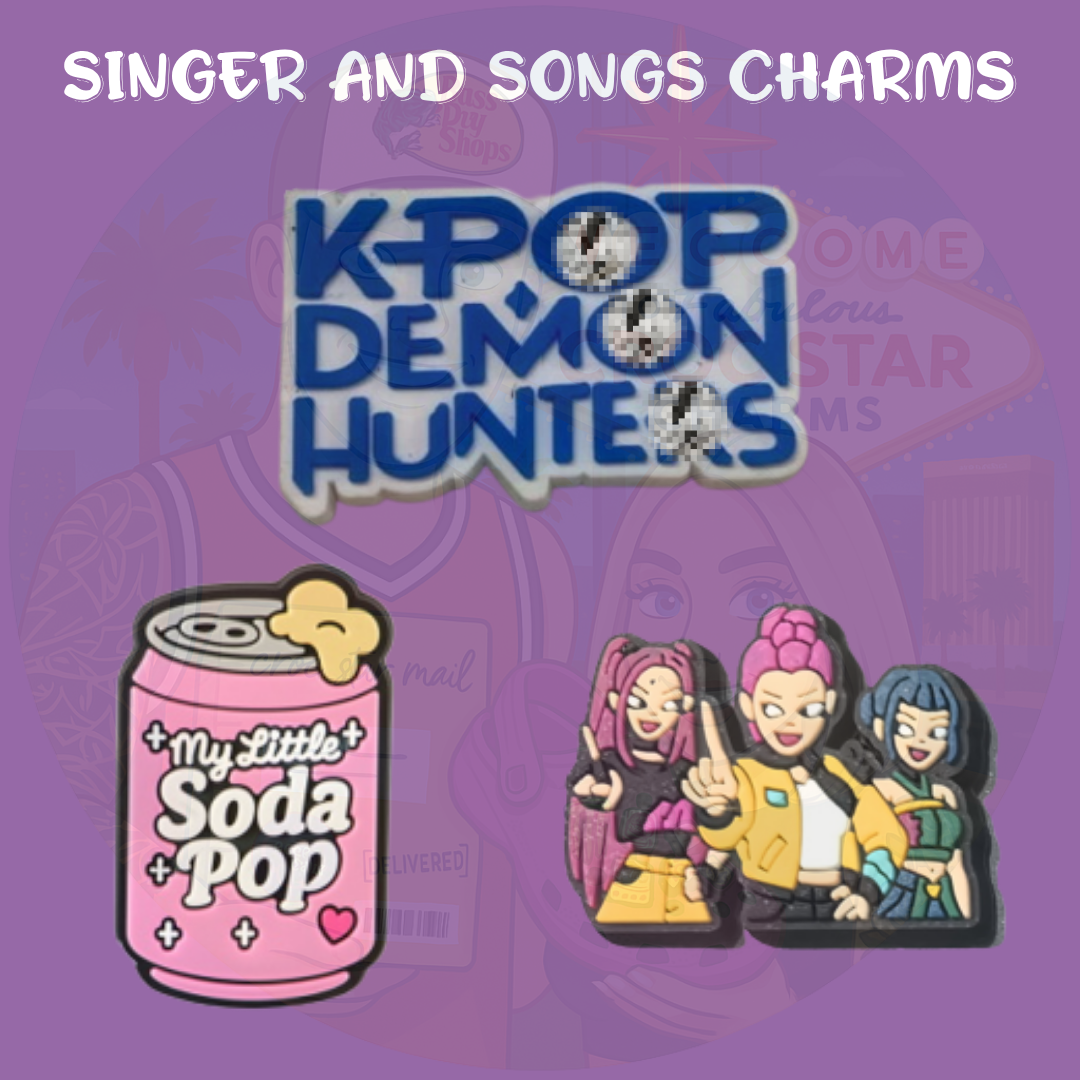 K-pop idol demon hunter Croc charms set with microphone and weapon designs”

“Neon stage-inspired Croc charms on black and electric blue Crocs shoes”

“Supernatural battle Croc charms flat lay – idol silhouette, demon weapon, music note”

“Pop star and demon hunter Croc charms gift set – perfect for K-pop fans”

“Music-battle themed Croc charms set for Crocs lovers and pop culture collectors”