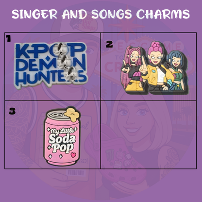 K-pop idol demon hunter Croc charms set with microphone and weapon designs”

“Neon stage-inspired Croc charms on black and electric blue Crocs shoes”

“Supernatural battle Croc charms flat lay – idol silhouette, demon weapon, music note”

“Pop star and demon hunter Croc charms gift set – perfect for K-pop fans”

“Music-battle themed Croc charms set for Crocs lovers and pop culture collectors”