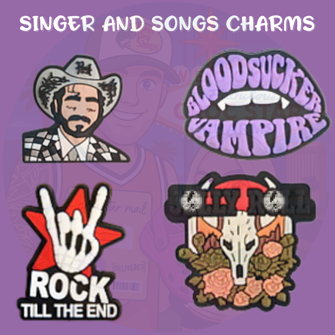 Pop star and song lyric shoe charms – music-themed clog accessories featuring microphones, music notes, and fun quotes – perfect for music lovers and trendsetters."