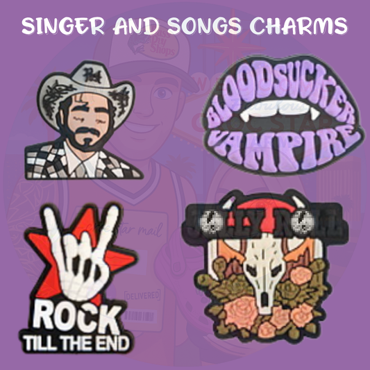 Pop star and song lyric shoe charms – music-themed clog accessories featuring microphones, music notes, and fun quotes – perfect for music lovers and trendsetters."