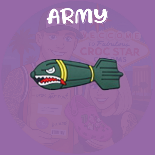 A rugged set of Croc charms with a military theme, featuring designs like camouflage helmets, combat boots, dog tags, tanks, and stars. Made from durable, flexible rubber in earthy tones like green, brown, and black, these charms bring a bold, tactical edge to any pair of Crocs.