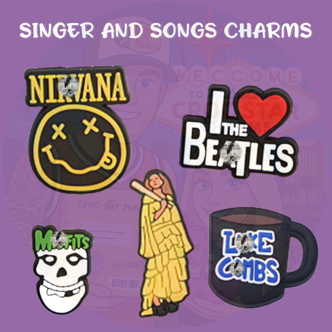 Singer and band-themed Croc charms featuring Nirvana smiley face logo, 'I ❤️ The Beatles' design, and a Luke Combs coffee mug charm on a purple background