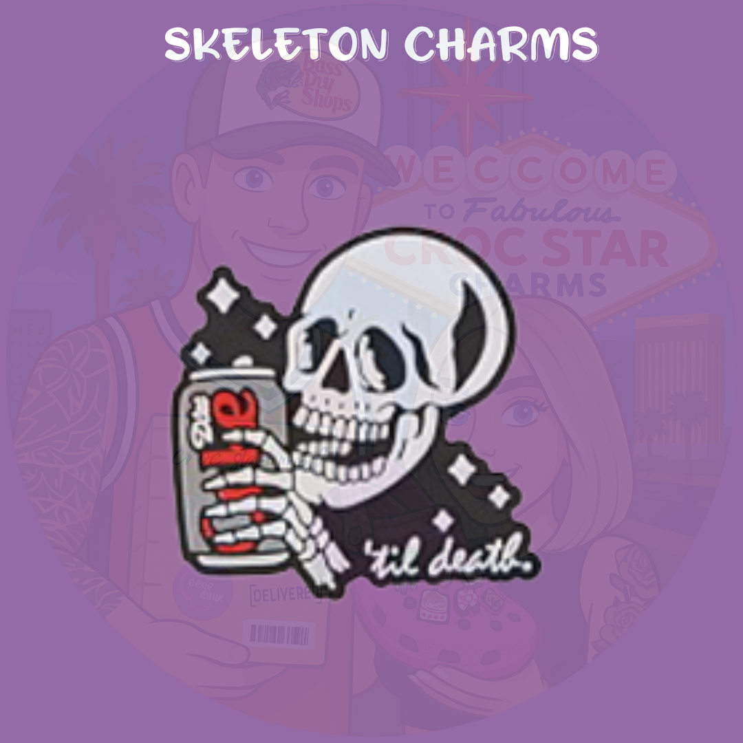 skeleton croc charms, soda croc charms, spooky shoe charms, halloween croc charms, gothic croc accessories, skull croc charms, caffeine lover gifts, cute croc charms, skeleton accessories, soda shoe charms