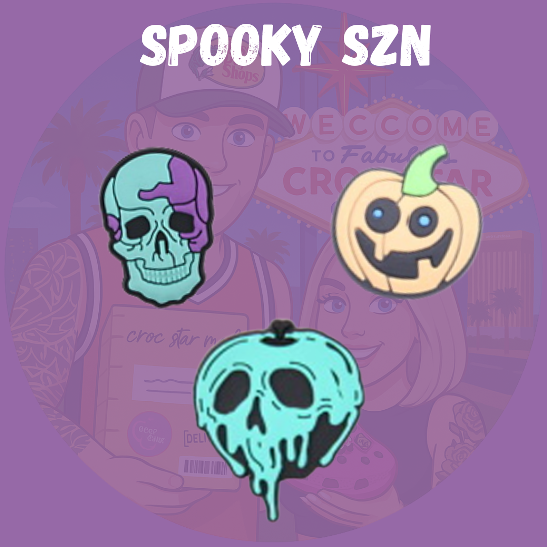 A fun and festive collection of Croc charms celebrating spooky season, featuring designs like smiling pumpkins, cute ghosts, black cats, bats, witch hats, and candy. Made from colorful, flexible rubber, these charms add a playful Halloween vibe to any pair of Crocs.