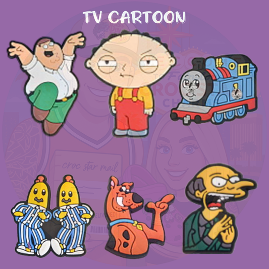 Colorful cartoon TV-themed Croc charms set with fun character designs”

“Retro and modern cartoon-inspired Croc charms on bright Crocs shoes”

“Assorted cartoon Croc charms flat lay – playful and nostalgic styles”

“TV-inspired Croc charms set for kids and adults”

“Fun colorful Croc charms gift set for cartoon lovers”