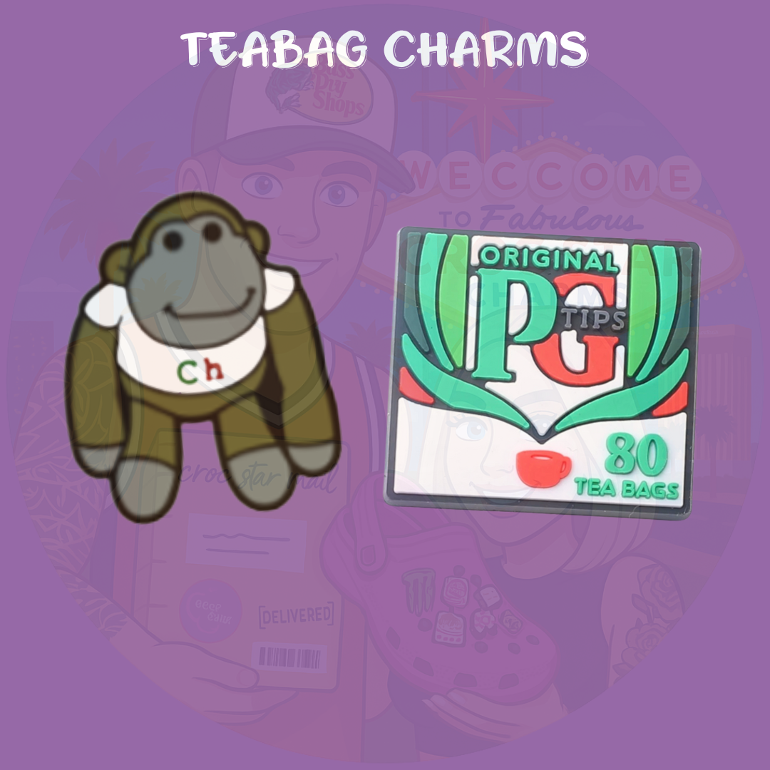 Cheeky tea-loving monkey Croc charms set with tea cup and biscuit designs”

“British-inspired Croc charms on brown and beige Crocs shoes”

“Monkey and tea Croc charms flat lay – cozy cuppa theme”

“Funny UK-themed Croc charms set with biscuits and cartoon monkeys”

“Tea and monkey Croc charms gift set – cozy and cheeky style”