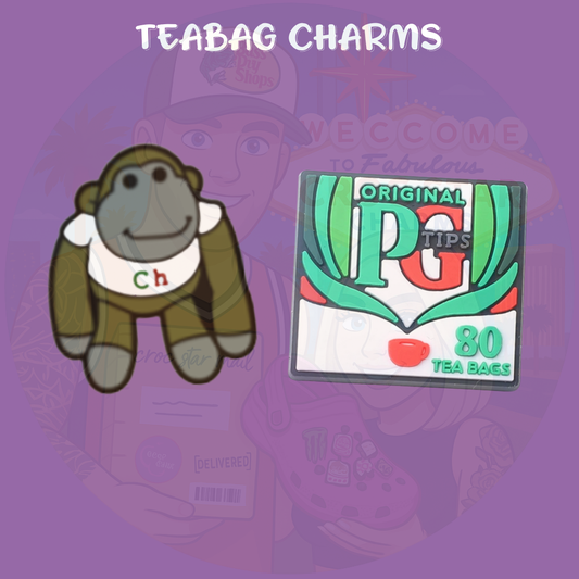 Cheeky tea-loving monkey Croc charms set with tea cup and biscuit designs”

“British-inspired Croc charms on brown and beige Crocs shoes”

“Monkey and tea Croc charms flat lay – cozy cuppa theme”

“Funny UK-themed Croc charms set with biscuits and cartoon monkeys”

“Tea and monkey Croc charms gift set – cozy and cheeky style”