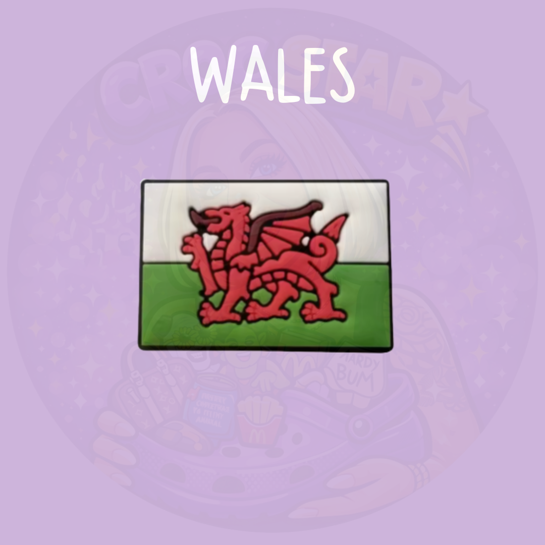 Welsh flag shoe charm featuring red dragon emblem