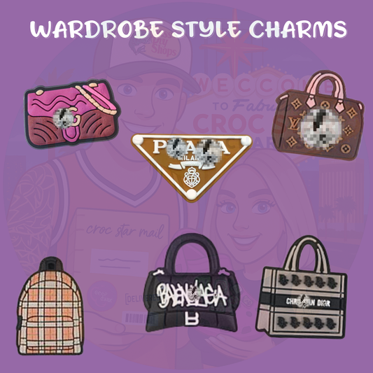 A stylish set of Croc charms inspired by fashion and beauty, featuring mini designs like handbags, sunglasses, lipstick, high heels, and trendy accessories. Made from flexible, colorful rubber, these charms add a chic and fashionable flair to any pair of Crocs.