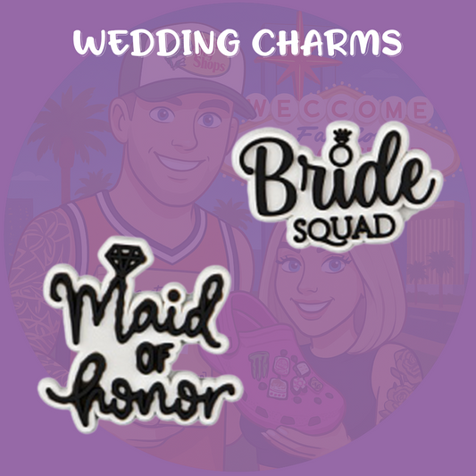 An elegant set of Croc charms designed for brides, featuring symbols like wedding rings, diamond shapes, "Bride" text, champagne glasses, hearts, and white dresses. Made from soft, flexible rubber in classy tones like white, gold, and blush pink—perfect for adding a fun, personal touch to bridal footwear or bachelorette looks.